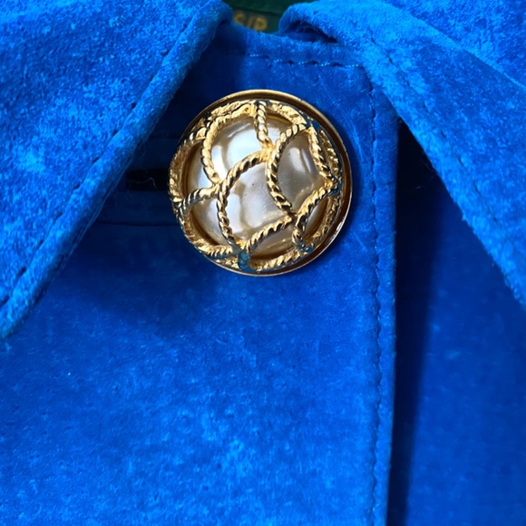 1980’s Danier Vintage Royal Blue Suede Leather Jacket Peplum Shoulder Pads - Picture 4 of 10